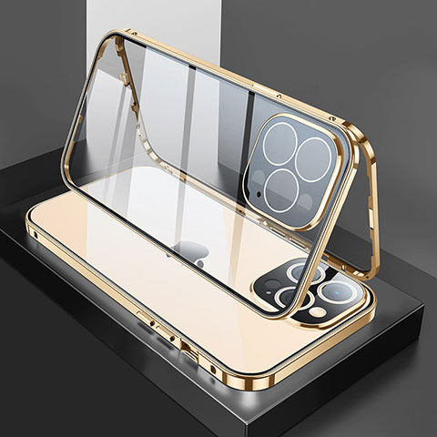 Coque Rebord Bumper Luxe Aluminum Metal Miroir 360 Degres Housse Etui Aimant M02 pour Apple iPhone 14 Pro Or