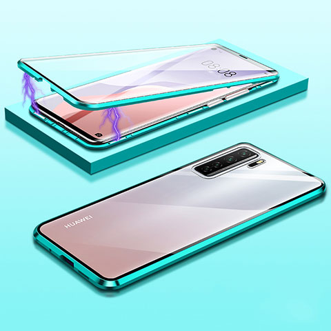 Coque Rebord Bumper Luxe Aluminum Metal Miroir 360 Degres Housse Etui Aimant M02 pour Huawei P40 Lite 5G Cyan