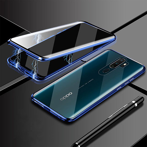 Coque Rebord Bumper Luxe Aluminum Metal Miroir 360 Degres Housse Etui Aimant M02 pour Oppo A11 Bleu