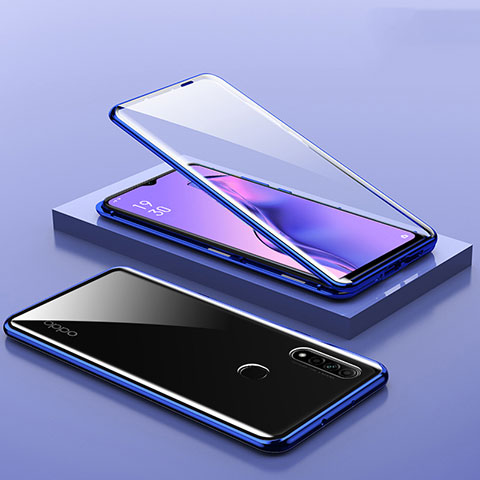 Coque Rebord Bumper Luxe Aluminum Metal Miroir 360 Degres Housse Etui Aimant M02 pour Oppo A8 Bleu