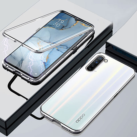 Coque Rebord Bumper Luxe Aluminum Metal Miroir 360 Degres Housse Etui Aimant M02 pour Oppo F15 Argent