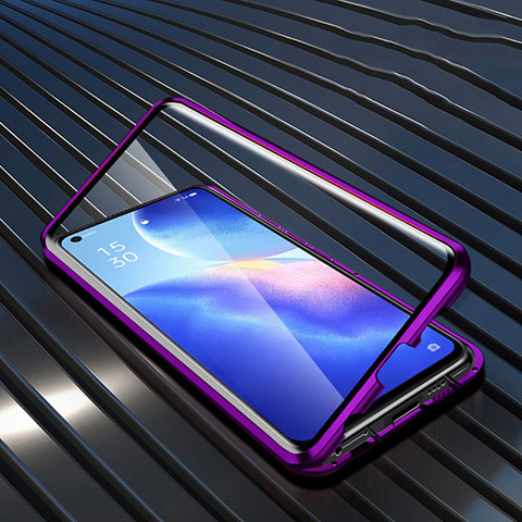 Coque Rebord Bumper Luxe Aluminum Metal Miroir 360 Degres Housse Etui Aimant M02 pour Oppo Reno5 5G Violet