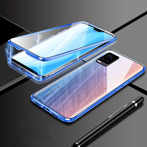 Coque Rebord Bumper Luxe Aluminum Metal Miroir 360 Degres Housse Etui Aimant M02 pour Vivo V20 Pro 5G Bleu