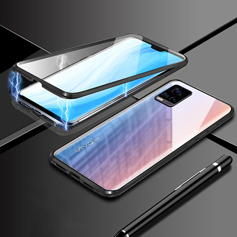 Coque Rebord Bumper Luxe Aluminum Metal Miroir 360 Degres Housse Etui Aimant M02 pour Vivo V20 Pro 5G Noir