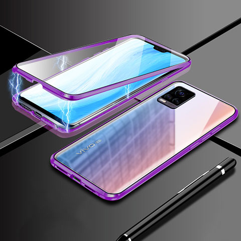 Coque Rebord Bumper Luxe Aluminum Metal Miroir 360 Degres Housse Etui Aimant M02 pour Vivo V20 Pro 5G Violet