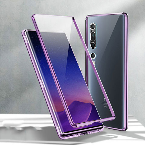 Coque Rebord Bumper Luxe Aluminum Metal Miroir 360 Degres Housse Etui Aimant M02 pour Xiaomi Mi 10 Violet