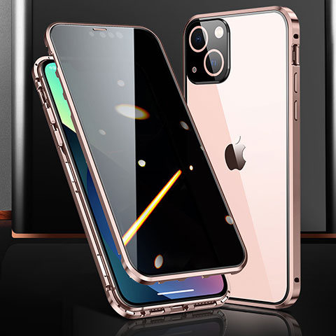 Coque Rebord Bumper Luxe Aluminum Metal Miroir 360 Degres Housse Etui Aimant M03 pour Apple iPhone 14 Or Rose