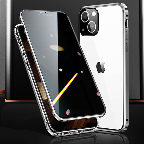 Coque Rebord Bumper Luxe Aluminum Metal Miroir 360 Degres Housse Etui Aimant M03 pour Apple iPhone 15 Plus Argent