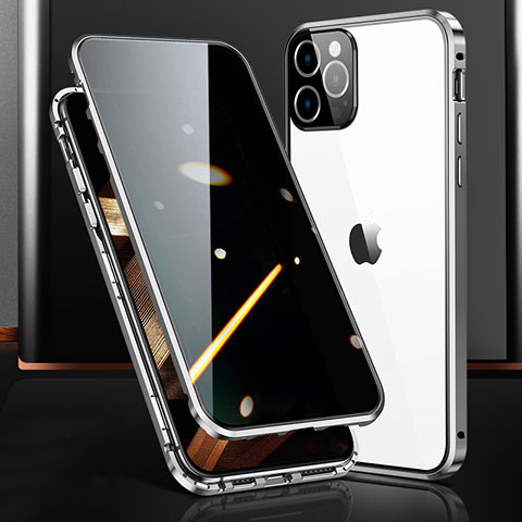 Coque Rebord Bumper Luxe Aluminum Metal Miroir 360 Degres Housse Etui Aimant M03 pour Apple iPhone 15 Pro Argent