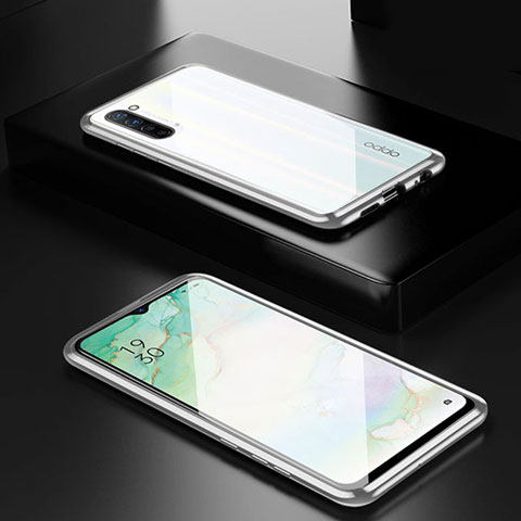 Coque Rebord Bumper Luxe Aluminum Metal Miroir 360 Degres Housse Etui Aimant M03 pour Oppo F15 Argent