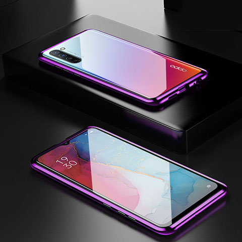 Coque Rebord Bumper Luxe Aluminum Metal Miroir 360 Degres Housse Etui Aimant M03 pour Oppo F15 Violet