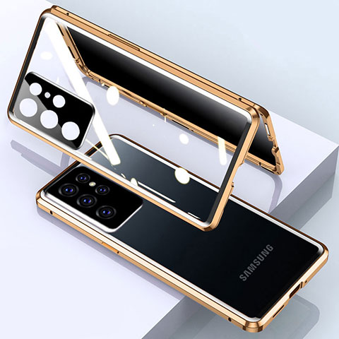 Coque Rebord Bumper Luxe Aluminum Metal Miroir 360 Degres Housse Etui Aimant M03 pour Samsung Galaxy S23 Ultra 5G Or
