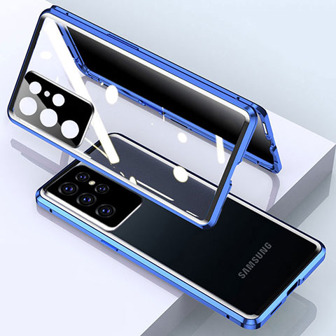 Coque Rebord Bumper Luxe Aluminum Metal Miroir 360 Degres Housse Etui Aimant M03 pour Samsung Galaxy S24 Ultra 5G Bleu