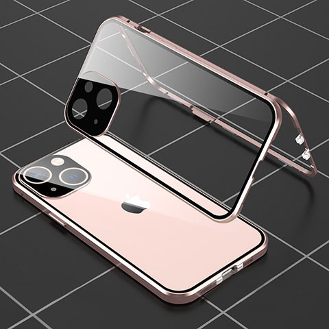 Coque Rebord Bumper Luxe Aluminum Metal Miroir 360 Degres Housse Etui Aimant M04 pour Apple iPhone 15 Or Rose