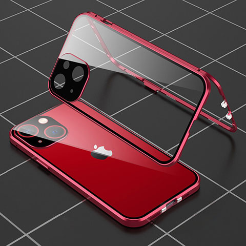 Coque Rebord Bumper Luxe Aluminum Metal Miroir 360 Degres Housse Etui Aimant M04 pour Apple iPhone 15 Plus Rouge