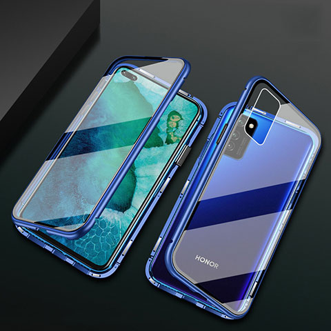 Coque Rebord Bumper Luxe Aluminum Metal Miroir 360 Degres Housse Etui Aimant M04 pour Huawei Honor V30 5G Bleu