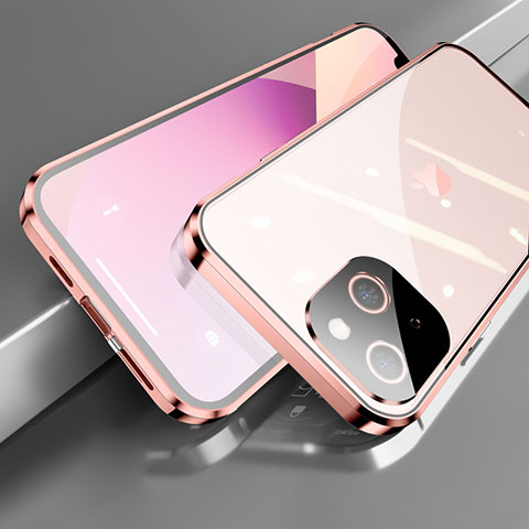 Coque Rebord Bumper Luxe Aluminum Metal Miroir 360 Degres Housse Etui Aimant M05 pour Apple iPhone 13 Mini Or Rose