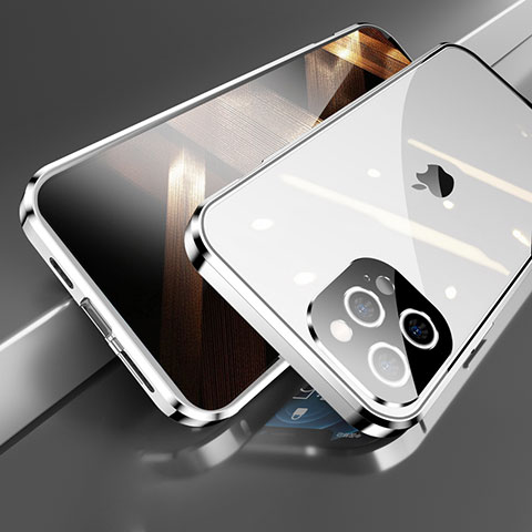 Coque Rebord Bumper Luxe Aluminum Metal Miroir 360 Degres Housse Etui Aimant M05 pour Apple iPhone 14 Pro Max Argent