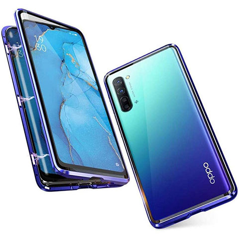 Coque Rebord Bumper Luxe Aluminum Metal Miroir 360 Degres Housse Etui Aimant M05 pour Oppo F15 Bleu