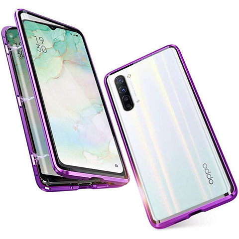 Coque Rebord Bumper Luxe Aluminum Metal Miroir 360 Degres Housse Etui Aimant M05 pour Oppo F15 Violet