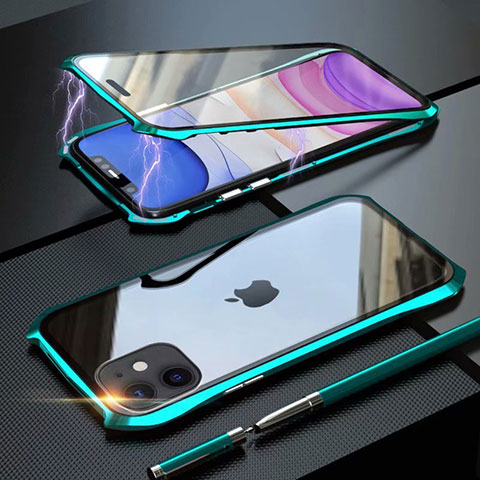 Coque Rebord Bumper Luxe Aluminum Metal Miroir 360 Degres Housse Etui Aimant M06 pour Apple iPhone 11 Cyan