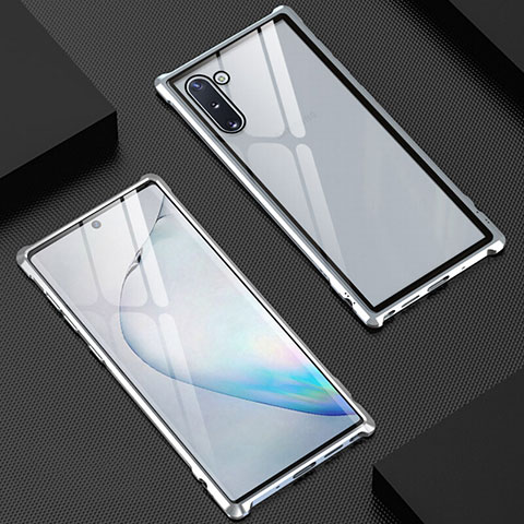 Coque Rebord Bumper Luxe Aluminum Metal Miroir 360 Degres Housse Etui Aimant M06 pour Samsung Galaxy Note 10 Argent