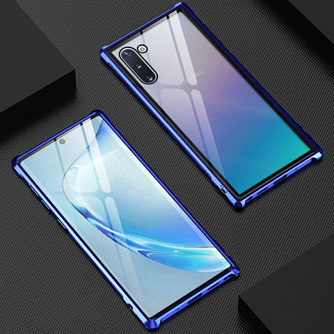 Coque Rebord Bumper Luxe Aluminum Metal Miroir 360 Degres Housse Etui Aimant M06 pour Samsung Galaxy Note 10 Bleu