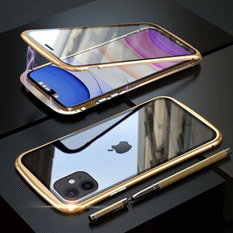 Coque Rebord Bumper Luxe Aluminum Metal Miroir 360 Degres Housse Etui Aimant M07 pour Apple iPhone 11 Or