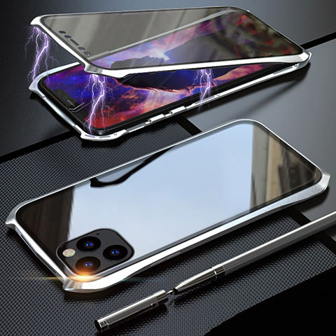 Coque Rebord Bumper Luxe Aluminum Metal Miroir 360 Degres Housse Etui Aimant M07 pour Apple iPhone 11 Pro Argent