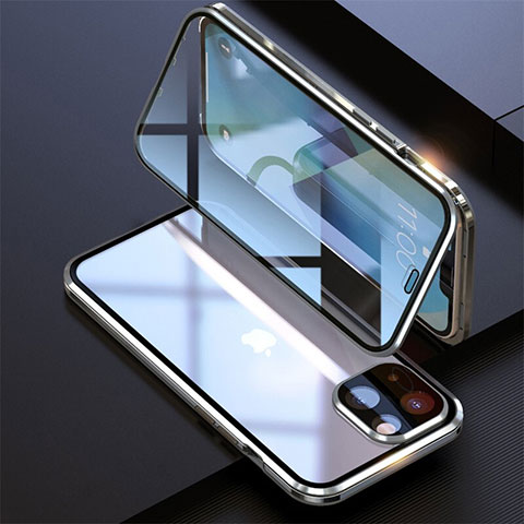 Coque Rebord Bumper Luxe Aluminum Metal Miroir 360 Degres Housse Etui Aimant M08 pour Apple iPhone 14 Plus Argent