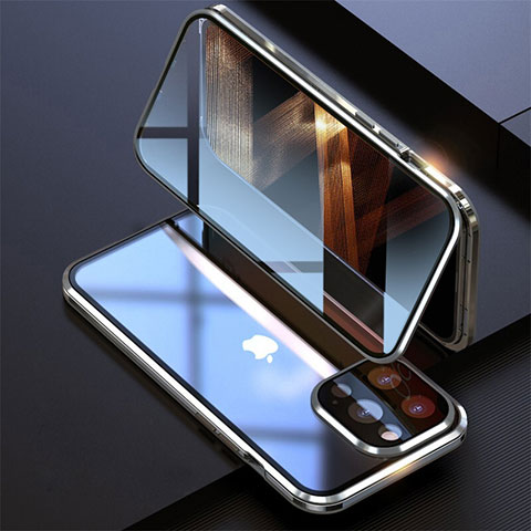 Coque Rebord Bumper Luxe Aluminum Metal Miroir 360 Degres Housse Etui Aimant M08 pour Apple iPhone 14 Pro Argent