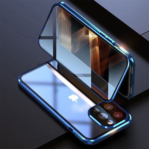 Coque Rebord Bumper Luxe Aluminum Metal Miroir 360 Degres Housse Etui Aimant M08 pour Apple iPhone 14 Pro Bleu