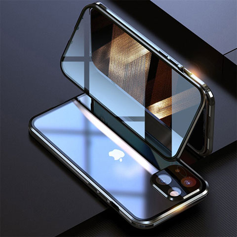 Coque Rebord Bumper Luxe Aluminum Metal Miroir 360 Degres Housse Etui Aimant M08 pour Apple iPhone 15 Noir