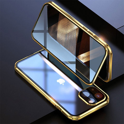 Coque Rebord Bumper Luxe Aluminum Metal Miroir 360 Degres Housse Etui Aimant M08 pour Apple iPhone 15 Or