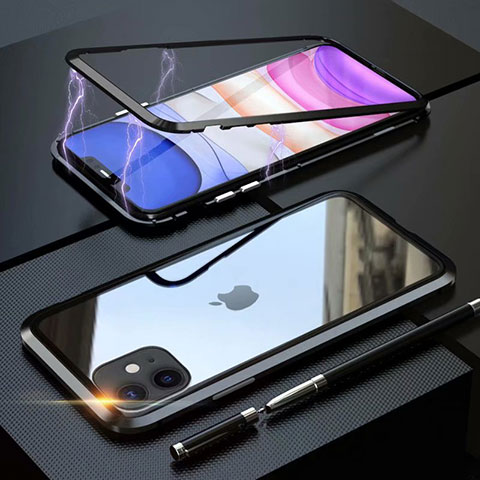 Coque Rebord Bumper Luxe Aluminum Metal Miroir 360 Degres Housse Etui Aimant M09 pour Apple iPhone 11 Noir