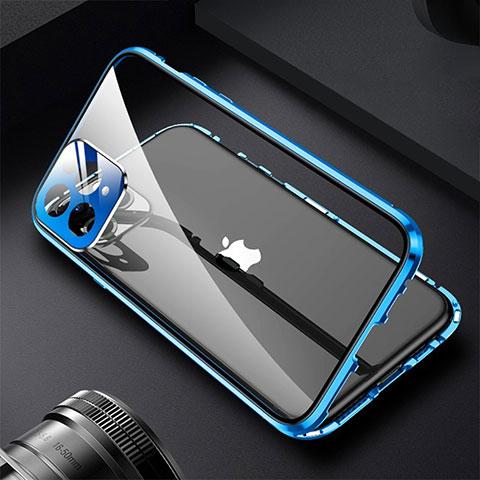 Coque Rebord Bumper Luxe Aluminum Metal Miroir 360 Degres Housse Etui Aimant M09 pour Apple iPhone 13 Pro Bleu