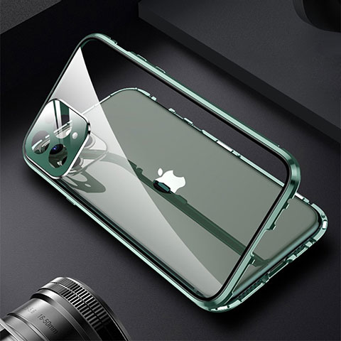 Coque Rebord Bumper Luxe Aluminum Metal Miroir 360 Degres Housse Etui Aimant M09 pour Apple iPhone 14 Pro Max Vert