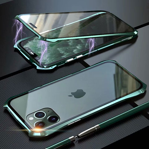 Coque Rebord Bumper Luxe Aluminum Metal Miroir 360 Degres Housse Etui Aimant M10 pour Apple iPhone 11 Pro Max Vert