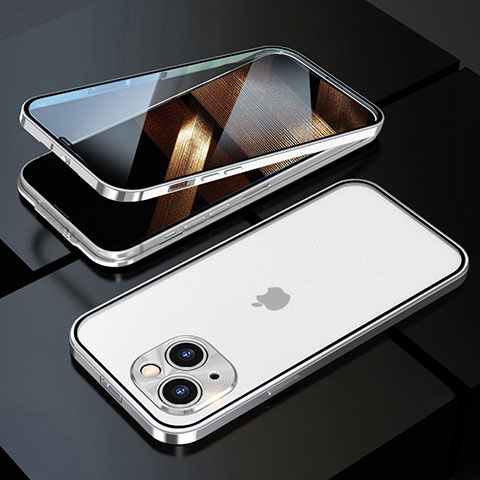 Coque Rebord Bumper Luxe Aluminum Metal Miroir 360 Degres Housse Etui Aimant M10 pour Apple iPhone 15 Argent