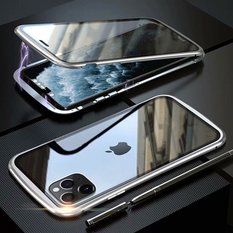 Coque Rebord Bumper Luxe Aluminum Metal Miroir 360 Degres Housse Etui Aimant M11 pour Apple iPhone 11 Pro Argent