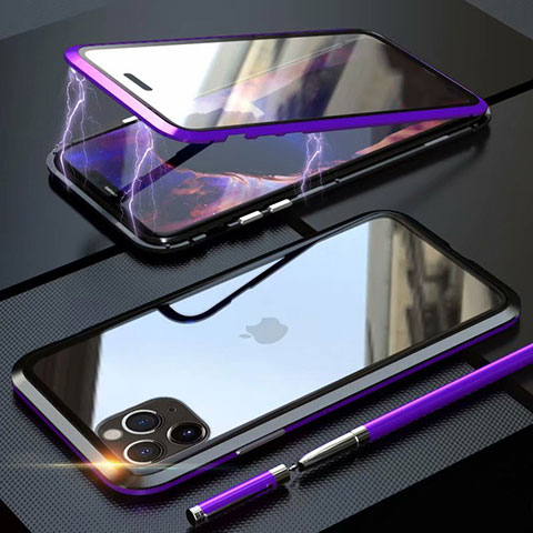 Coque Rebord Bumper Luxe Aluminum Metal Miroir 360 Degres Housse Etui Aimant M12 pour Apple iPhone 11 Pro Violet