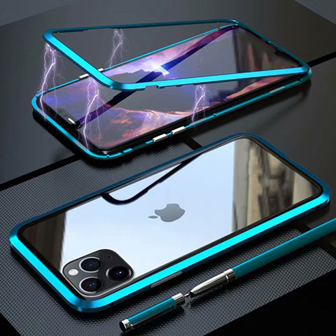 Coque Rebord Bumper Luxe Aluminum Metal Miroir 360 Degres Housse Etui Aimant M14 pour Apple iPhone 11 Pro Cyan