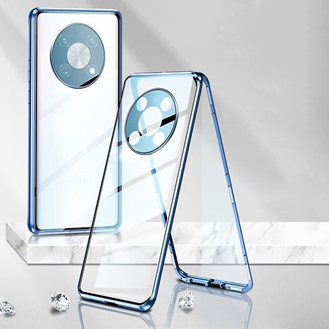 Coque Rebord Bumper Luxe Aluminum Metal Miroir 360 Degres Housse Etui Aimant P01 pour Huawei Enjoy 50 Pro Bleu