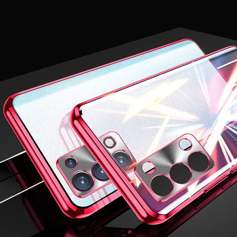 Coque Rebord Bumper Luxe Aluminum Metal Miroir 360 Degres Housse Etui Aimant P01 pour Oppo Reno6 Pro 5G Rouge