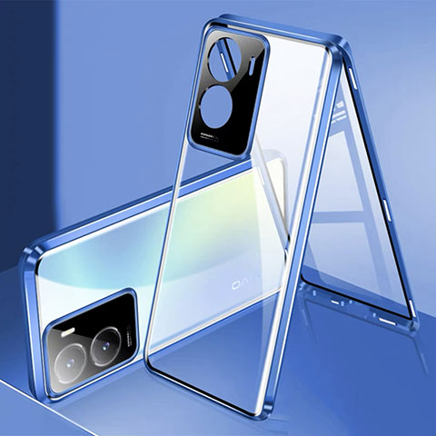 Coque Rebord Bumper Luxe Aluminum Metal Miroir 360 Degres Housse Etui Aimant P01 pour Vivo iQOO Z7x 5G Bleu