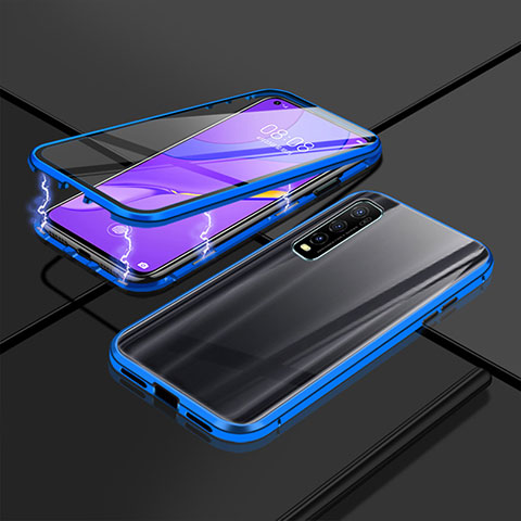 Coque Rebord Bumper Luxe Aluminum Metal Miroir 360 Degres Housse Etui Aimant P01 pour Vivo Y50t Bleu