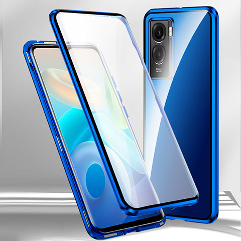 Coque Rebord Bumper Luxe Aluminum Metal Miroir 360 Degres Housse Etui Aimant P01 pour Vivo Y55s (2021) Bleu