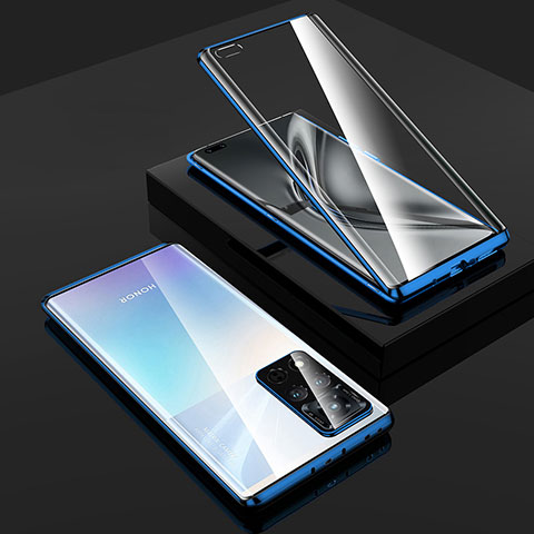 Coque Rebord Bumper Luxe Aluminum Metal Miroir 360 Degres Housse Etui Aimant P02 pour Huawei Honor V40 5G Bleu