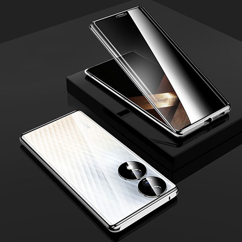 Coque Rebord Bumper Luxe Aluminum Metal Miroir 360 Degres Housse Etui Aimant P02 pour Huawei Honor X7b Argent