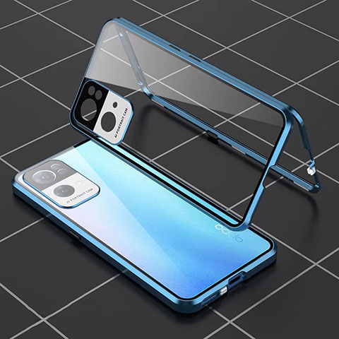 Coque Rebord Bumper Luxe Aluminum Metal Miroir 360 Degres Housse Etui Aimant P02 pour Oppo Reno7 Pro 5G Bleu